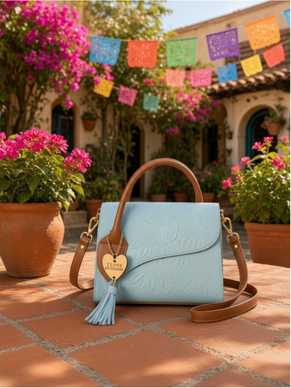 Sky Baby Blue Pink Brown Sunflower Embossed Artisan LEATHER Crossbody Bag Purse